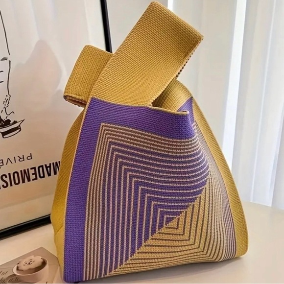 Passion of Essence Handbags - Knitted Tote Bag, Striped Pattern Crochet Bag, Casual Handbag & Wrist Purse